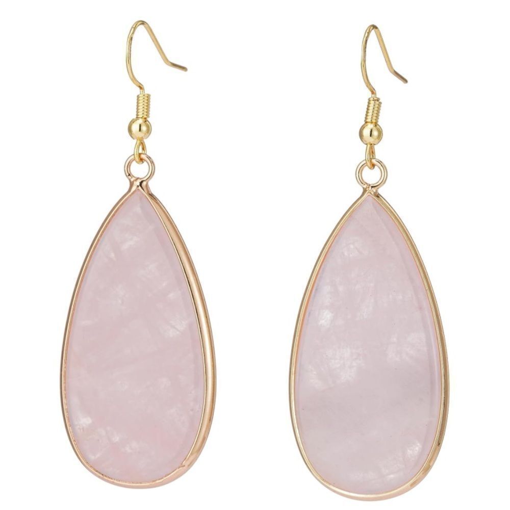 18K Yellow Gold with Natural Pink Rose Quartz Stone French Wire Hook Earrings
